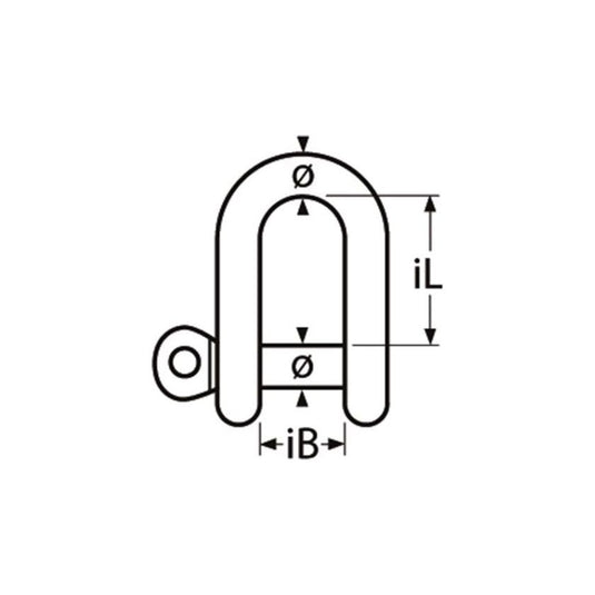 Dessin technique de la Manille Droite Standard en inox, illustrant ses dimensions et charges de rupture, adaptée pour voile légère et usage marin.