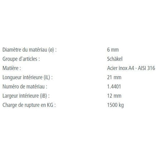 Manille Droite Standard en inox A4, idéale pour voile légère, avec diverses tailles et charges de rupture jusqu'à 3000kg, fabrication européenne de qualité marine.