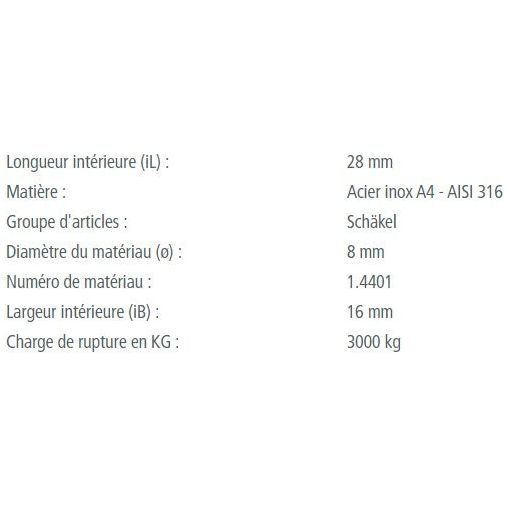 Manille Droite Standard en inox A4, idéale pour voile légère, avec options de diamètre et charge de rupture jusqu'à 3000kg, vue détaillée des spécifications.