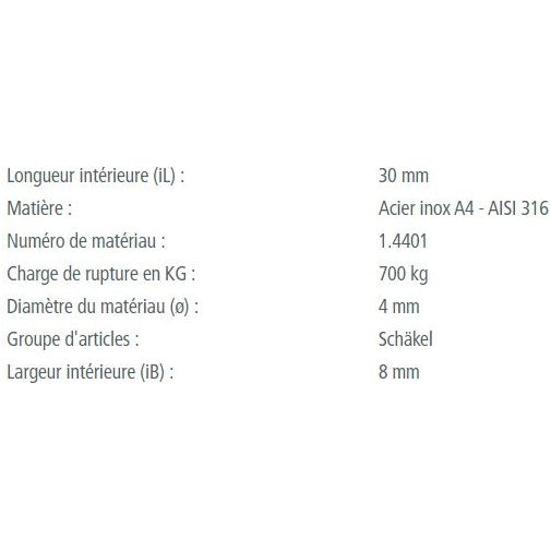 Manille Droite Longue Standard en inox A4, qualité marine, avec détails dimensionnels et capacités de charge, idéale pour accastillage voile légère chez Yachting Thommeret.