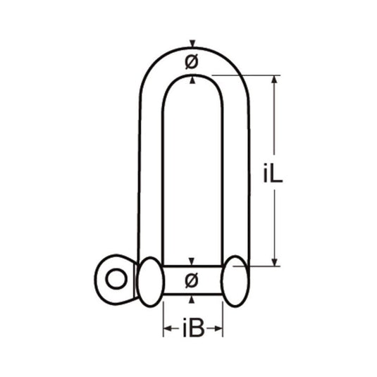 Dessin d'une Manille Droite Longue Standard, idéale pour la voile légère, en inox de qualité marine, gamme complète pour dériveurs et catamarans.