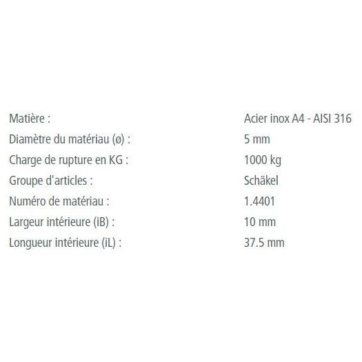 Manille Droite Longue Standard en inox A4 pour voile légère, affichant dimensions et capacités de charge, idéale pour dériveurs et catamarans de sport.