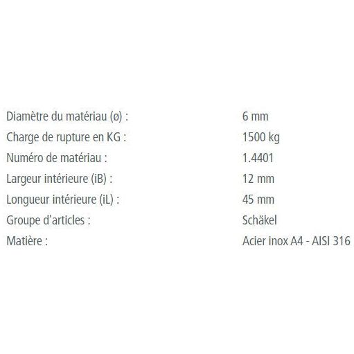 Manille Droite Longue Standard en inox A4 - AISI 316, dimensions variées, idéale pour voile légère. Fabrication Européenne, robuste, qualité marine, charge jusqu'à 3000kg.