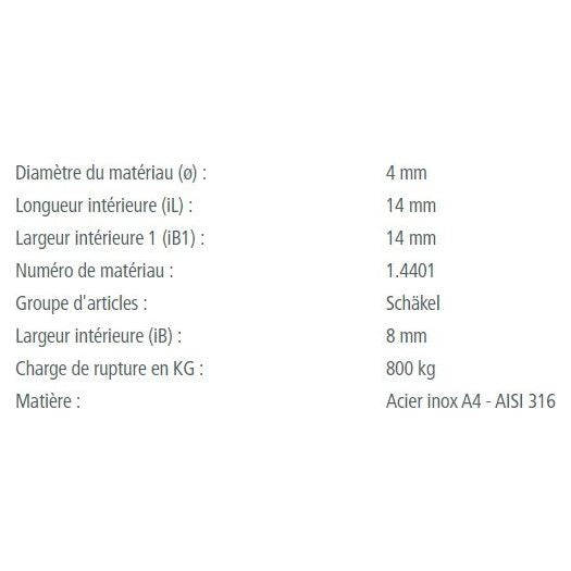 Manille Lyre Standard en inox A4 - AISI 316, qualité marine, avec détails techniques: ø04mm à ø08mm, charge rupture jusqu'à 2800kg, idéale pour voile légère.