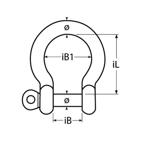 Dessin technique de la Manille Lyre Standard en inox A4 avec mesures, illustrant différentes tailles et charges de rupture pour applications marines.