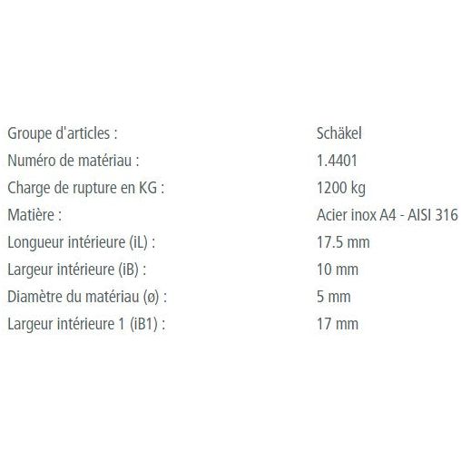 Manille Lyre Standard en inox A4 - AISI 316, dimensions et charges de rupture affichées, parfaite pour équipements nautiques légers.