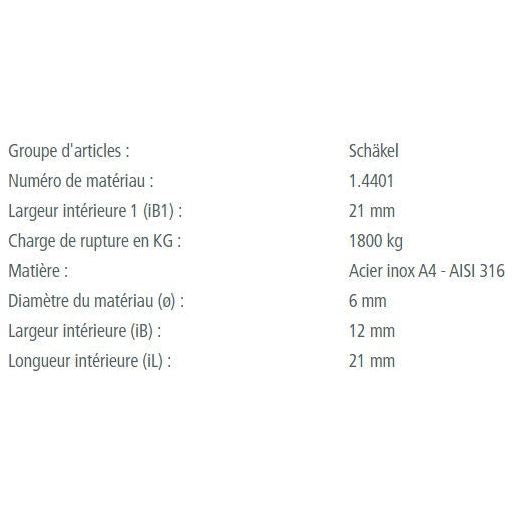 Manille Lyre Standard en inox A4 - AISI 316, fabriquée en Europe, idéale pour voile légère, disponible en plusieurs tailles avec charges de rupture variées.