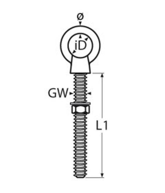 Load image into Gallery viewer, Boulon à oeil mécanique avec écrou et rondelle en inox A4 - AISI 316, montrant diamètres extérieur et intérieur, désignation du filetage, et longueur totale du filetage.
