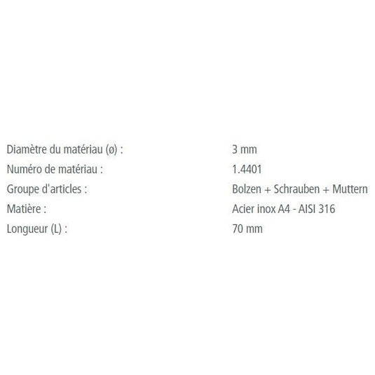 Goupille Beta en inox A4 - AISI 316, idéale pour voile légère, longueur 3mm: 70mm, 4mm: 79mm, fabrication européenne de haute qualité.