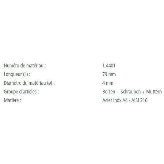 Goupille Beta en inox A4, idéale pour la voile légère, disponible en longueurs de 70mm et 79mm, parfaite pour applications maritimes.