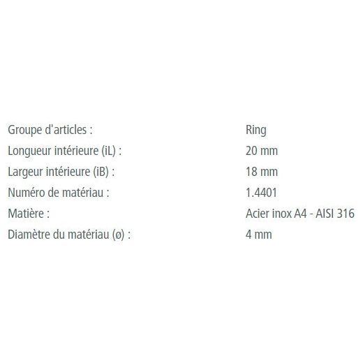 Anneau D en inox A4 de qualité marine, diamètre du fil 4mm, largeur intérieure 20mm, idéal pour accastillage voile légère.