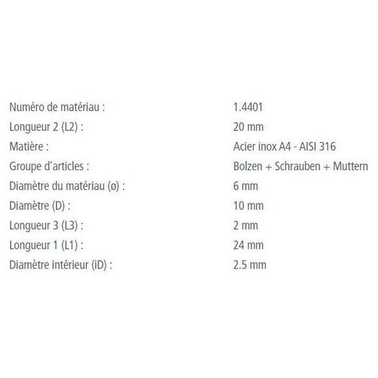 Axe épaulé inox A4 - AISI 316 de qualité marine, idéal pour voile légère, gros plan sur le produit avec dimensions variées pour applications nautiques.