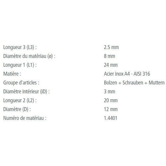 Axe épaulé inox A4 pour applications marines, gros plan sur les dimensions et spécifications, idéal pour accastillage nautique léger. Fabrication européenne, qualité premium.