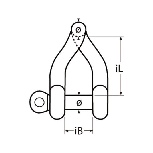 Dessin technique d'une Manille Torse 90° Standard en inox A4, idéale pour accastillage nautique, montrant les dimensions et capacités de charge pour différentes tailles.