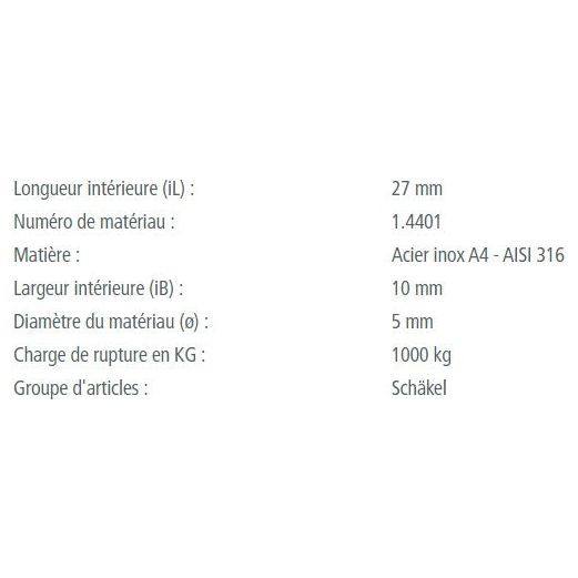 Manille Torse 90° Standard en inox A4, idéale pour la voile légère, présente différentes tailles avec charges de rupture allant jusqu'à 1500kg.