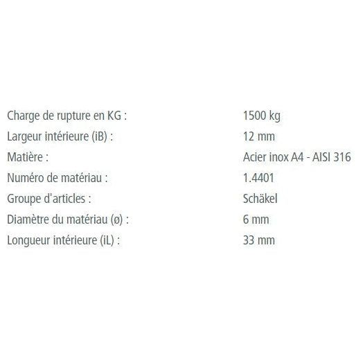 Manille Torse 90° Standard, fabriquée en inox A4 - AISI 316, idéale pour voile légère. Disponible en diamètre 4mm à 6mm avec charges de rupture jusqu'à 1500kg.