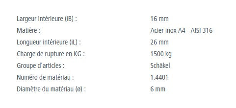 Manille Droite Emboutie Longue Standard en inox A4, qualité marine, fabrication européenne, idéale pour voile légère, disponible en plusieurs dimensions et capacités de charge jusqu'à 1500kg.
