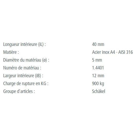 Manille Torse Emboutie Standard en inox A4, capture d'écran montrant des spécifications techniques: diamètre 5mm, largeur 12mm, longueur 40mm, charge rupture 900kg.