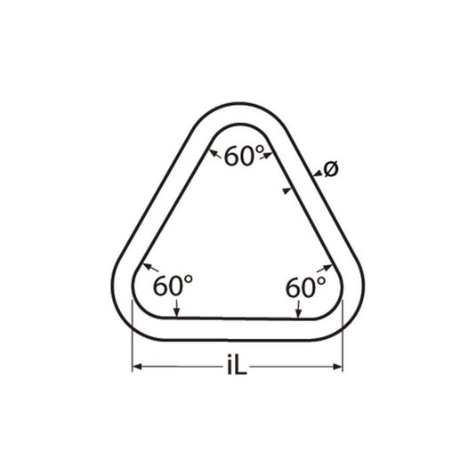 Anneau Triangle Inox A4 - AISI 316, montrant un schéma avec angles et mesures, idéal pour accastillage nautique de voile légère, diamètre 8mm, largeur intérieure 50mm.