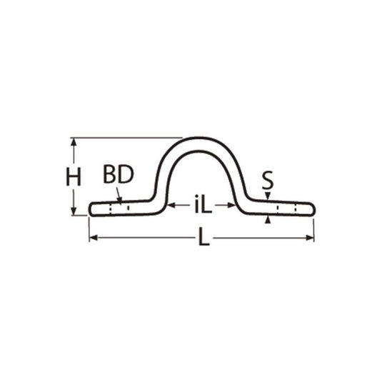 Pontet Plat en inox A4 - AISI 316, illustration technique montrant un objet métallique courbé, idéal pour accastillage nautique, fabriqué en Europe pour la voile légère.