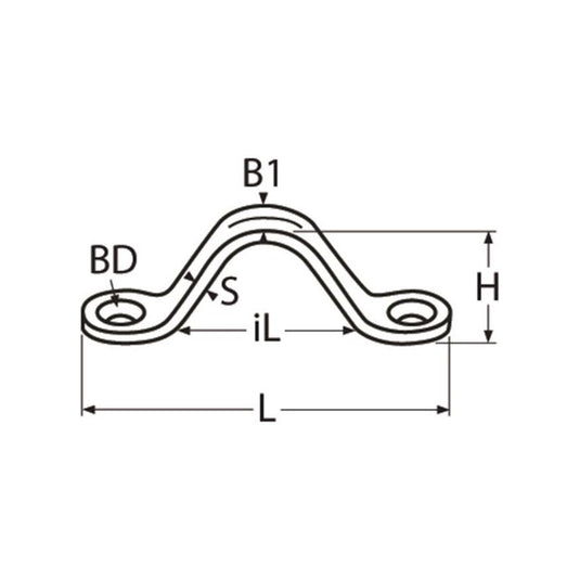 Dessin d'un Pontet Embouti en inox A4, idéal pour voile légère, avec plusieurs trous, fabriqué en Europe pour une utilisation marine.