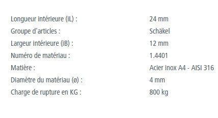 Manille Droite Emboutie Longue Standard en inox A4, qualité marine AISI 316, idéale pour voile légère; disponible en différentes tailles avec charges de rupture jusqu'à 1500kg.