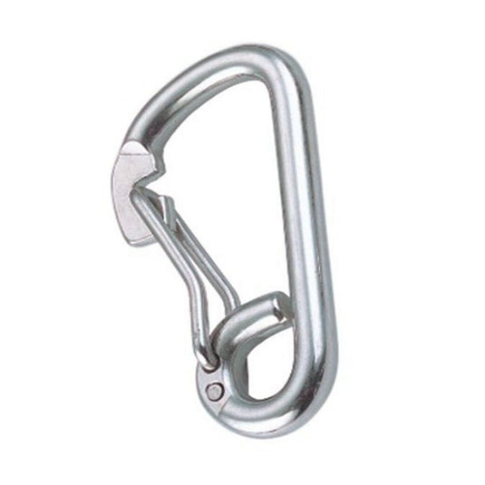Mousqueton en inox A4 qualité marine avec un ressort asymétrique pour une grande ouverture et connexion facilitée.
