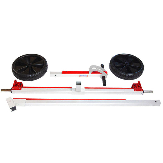 Chariot de Mise à l'eau Optimist en aluminium avec pads protecteurs et système Bow Wow, grandes roues anti-crevaison, démontable rapidement.