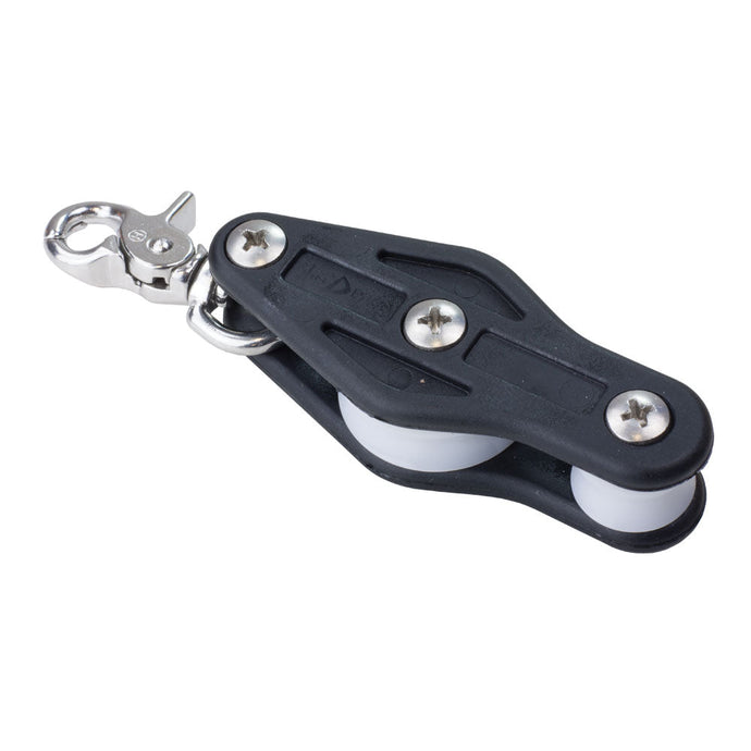 Poulie Violon ø34mm avec mousqueton pour dériveurs, joues en nylon, réas en acétal, compatible cordages jusqu'à 8mm, idéale pour Optimist et petits dériveurs.
