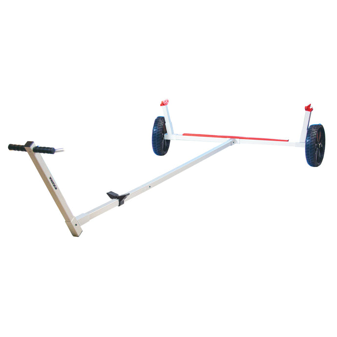 Chariot de Mise à l’eau pour Laser®/ILCA démontable en aluminium anodisé, offrant un support stable avec roues anti-crevaison Durastar-lite, facilement démontable pour stockage et transport.