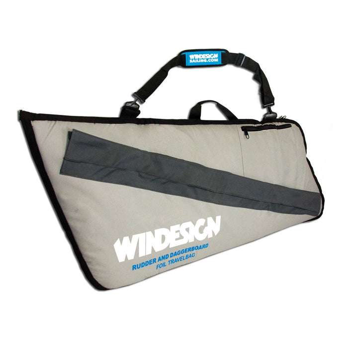 Housse Safran/Dérive Laser Windesign, conçue pour voile légère, avec compartiments pour gouvernail, dérive, barre et poche accessoires; bandoulière réglable incluse.