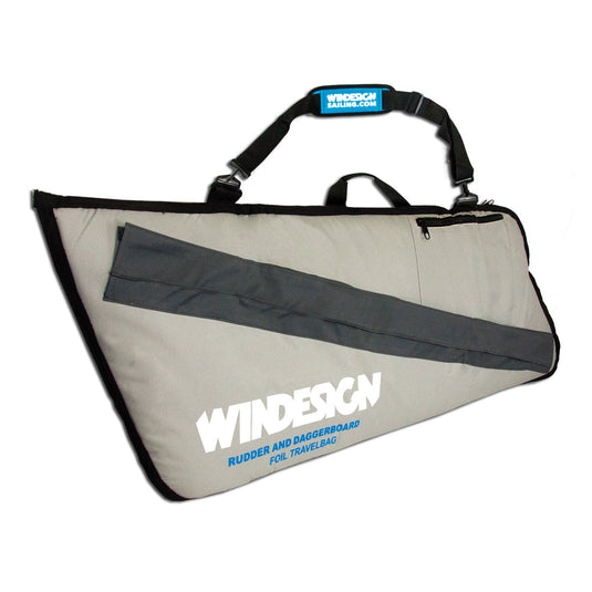 Housse Safran/Dérive Laser Windesign, conçue pour voile légère, avec compartiments pour gouvernail, dérive, barre et poche accessoires; bandoulière réglable incluse.