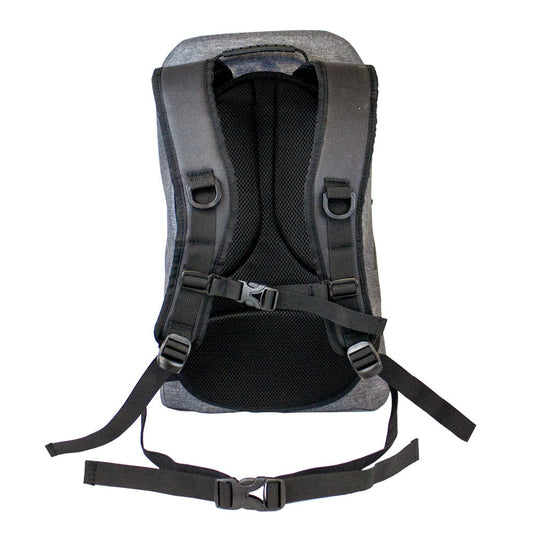 Sac à dos étanche 35L Windesign, vue arrière montrant bretelles rembourrées, sangle sternum ajustable, ceinture ventrale rembourrée, idéal pour équipement nautique léger.