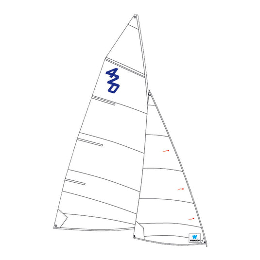 Jeu de voiles 420, incluant une grand-voile à 7 panneaux et un foc à 6 panneaux en Dacron Challenge, avec finitions soignées.