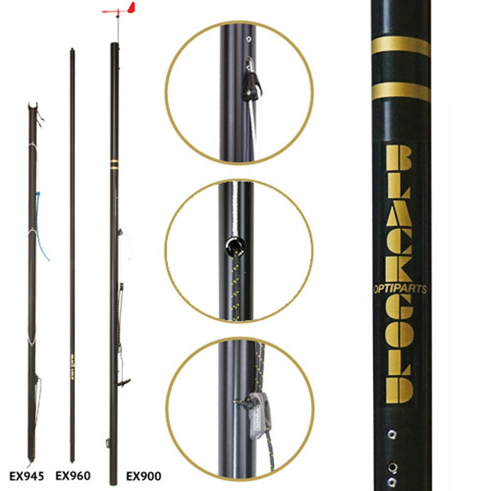 Gréement complet Optimist compétition Blackgold Power, idéal pour coureurs de voile légère >45Kg, conçu pour performance optimale en dériveur.