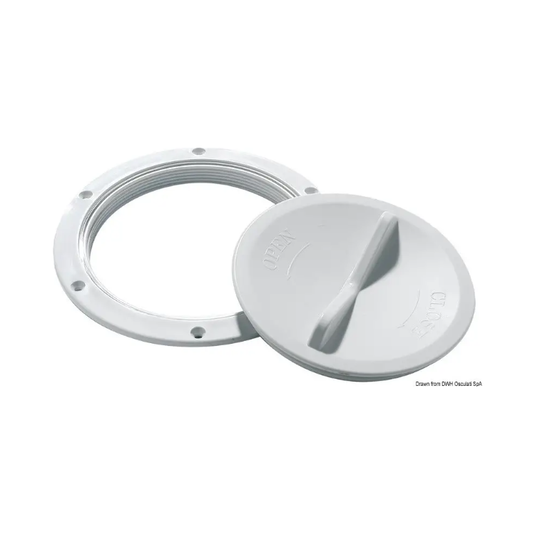Trappe de visite blanc Ouverture facile 102mm avec diamètre externe de 145mm et ouverture de 100mm, idéale pour dériveurs et catamarans.