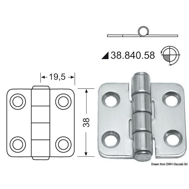 Charnière nœud saillant 38 x 39mm en inox, haute qualité, pour portes ou panneaux marins, avec quatre trous fraisés et axe central. Conçu pour charges moyennes.