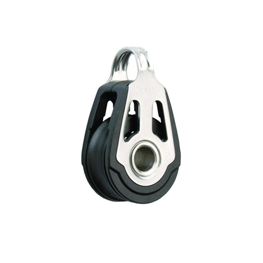 Poulie Simple Dynamic de Holt, gros plan, avec joues en inox ajourées et grand axe pour manille textile, idéale pour voile légère, disponible en 20mm ou 30mm.
