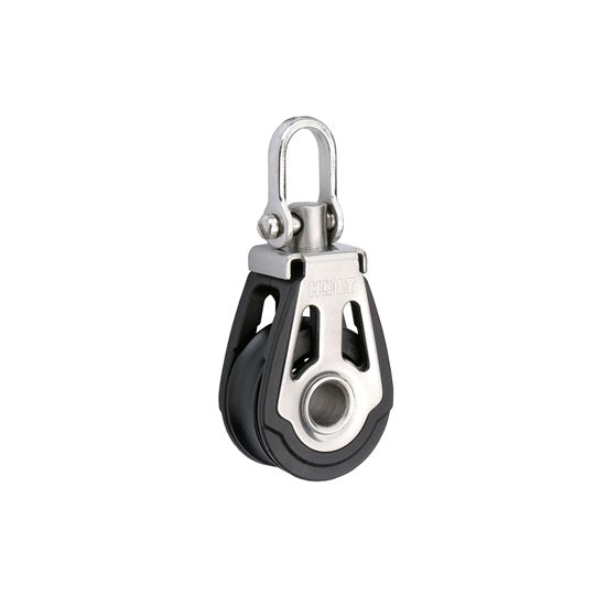 Poulie Simple Dynamic + Emerillon par Holt, gros plan sur une poulie avec roulement à billes, joues en inox ajourées, idéale pour voile légère.