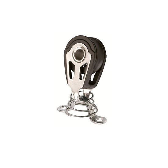 Poulie Simple Dynamic ø20mm avec Pontet + Ressort, idéale pour écoutes de grand voile, avec joues en inox ajourées et roulement à billes pour dériveurs.