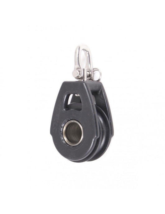 Poulie Simple Organic ø40mm avec émerillon, conçue pour la voile légère, montants en composite, axe aluminium, réa en acétal haute performance, charge travail 200kg.