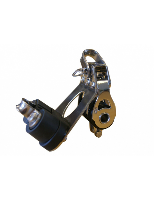 Poulie Triple Mininox ø20mm avec taquet et ringot, optimisée pour la voile légère, offrant faible friction et haute capacité de charge jusqu'à 600kg.