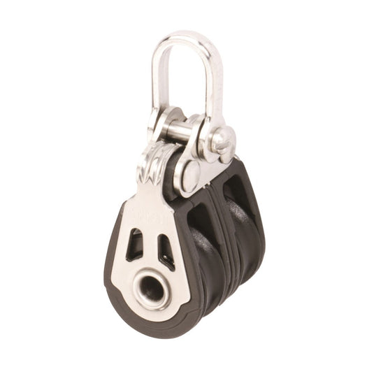 Poulie Double Dynamic avec double réa inox et manille pivotante, idéale pour réglages fins en voile légère, disponible en 20mm et 30mm pour charges élevées.