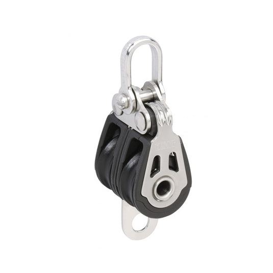 Poulie Double Dynamic + Ringot, joues en inox ajourées, idéal pour réglages nautiques variés, disponible en diamètres 20mm ou 30mm, robuste et polyvalent.