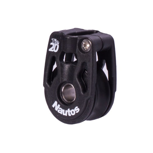 Poulie Simple Holt Hi-Load, gros plan sur une poulie noire avec texte blanc, conçue pour la course, légère et sécurisée pour voile légère.