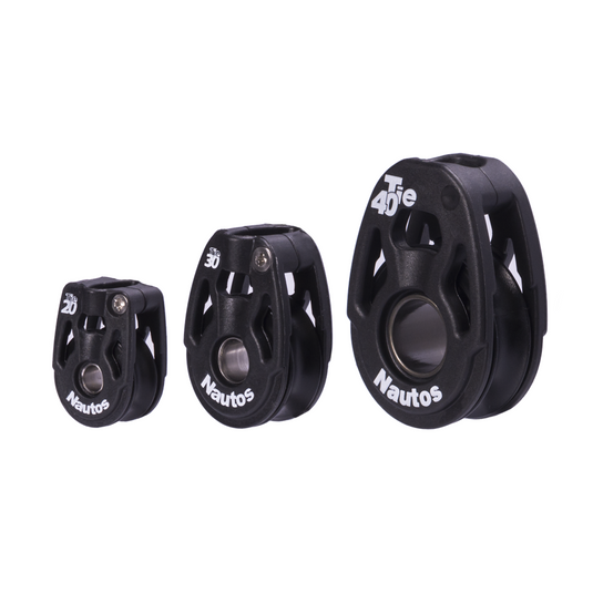 Poulie Simple Holt-Nautos Hi-Load: Trois tailles de poulies nautiques avec réa en inox, modèles Tie 20, Tie 30, et Tie 40, pour gréement léger.