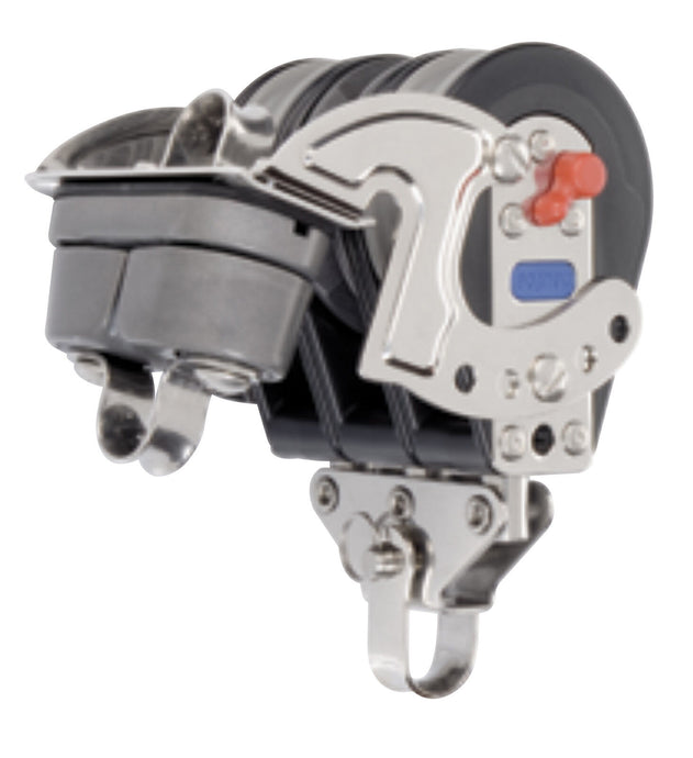 Poulie Winch Triple à billes ø57mm avec taquet et émerillon fixe, idéale pour voile légère, offrant résistance et efficacité pour réglages précis sur bateaux.