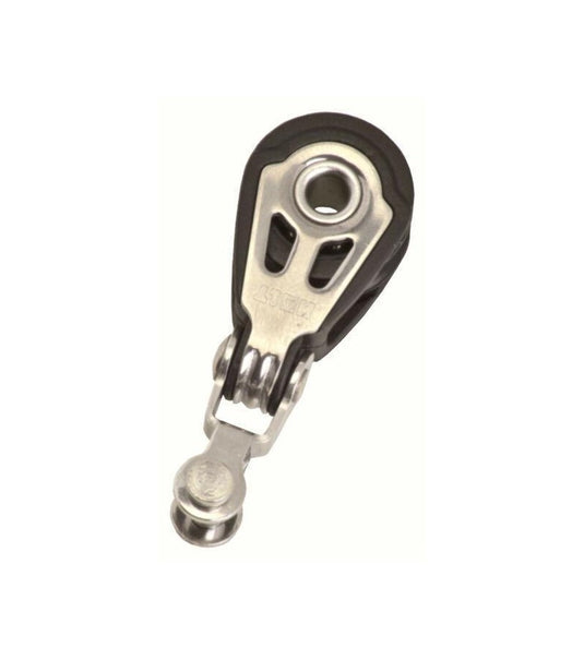 Poulie Simple Dynamic ø20mm à Chape avec joues en inox ajourées, axe pour manille textile, roulement à billes; idéale pour dériveurs et catamarans.