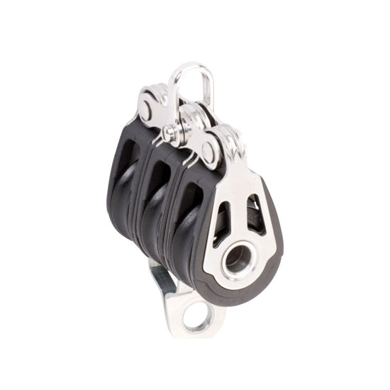 Poulie Triple Dynamic + Ringot Holt, joues inox ajourées, idéale pour palans d'écoute Grand Voile. Disponible en diamètres 20mm ou 30mm, usage dériveur ou catamaran.