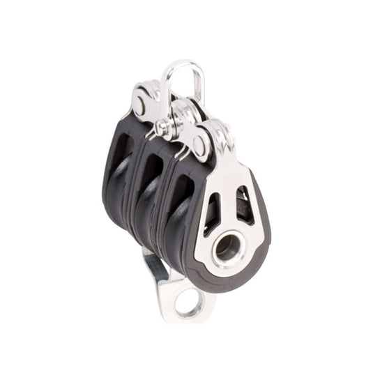 Poulie Triple Dynamic + Ringot Holt, joues inox ajourées, idéale pour palans d'écoute Grand Voile. Disponible en diamètres 20mm ou 30mm, usage dériveur ou catamaran.
